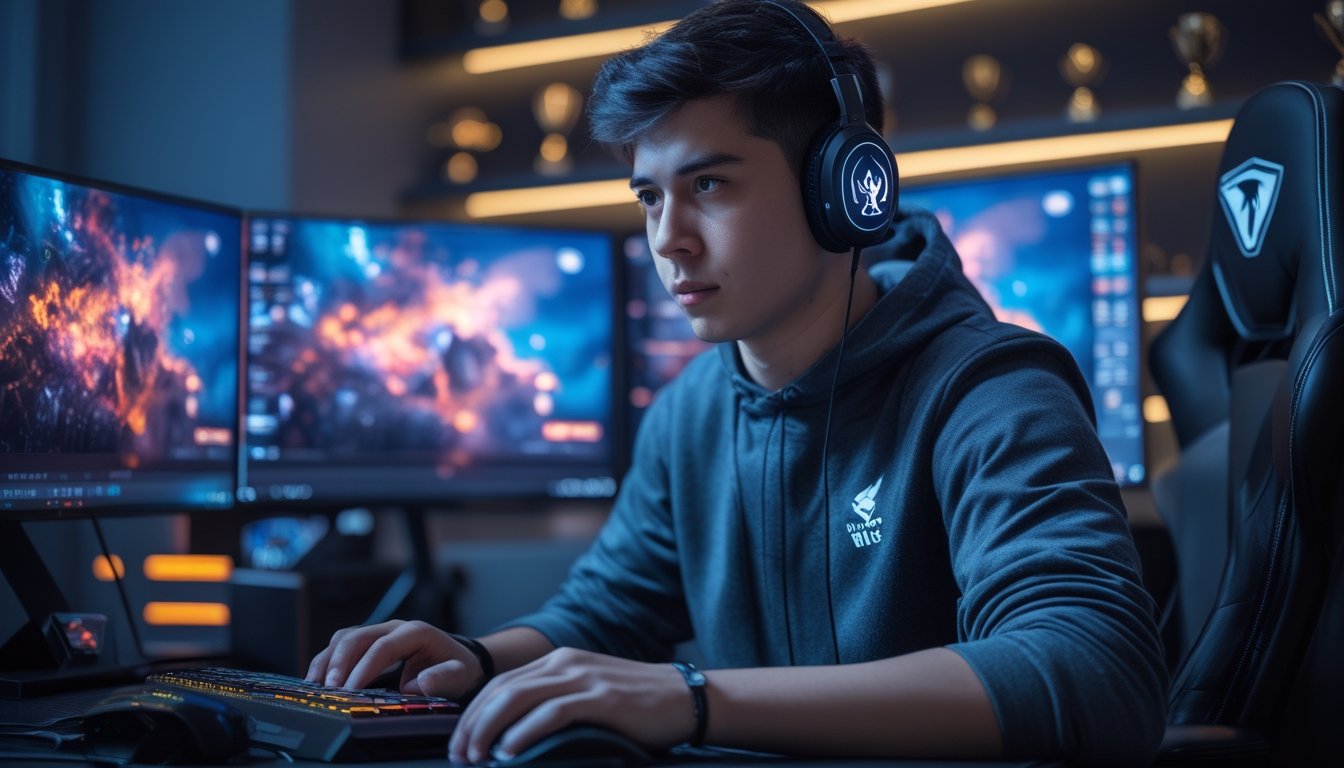 Seorang gamer muda fokus bermain Dota 2 di depan beberapa monitor dengan perlengkapan gaming di ruangan dengan pencahayaan RGB.
