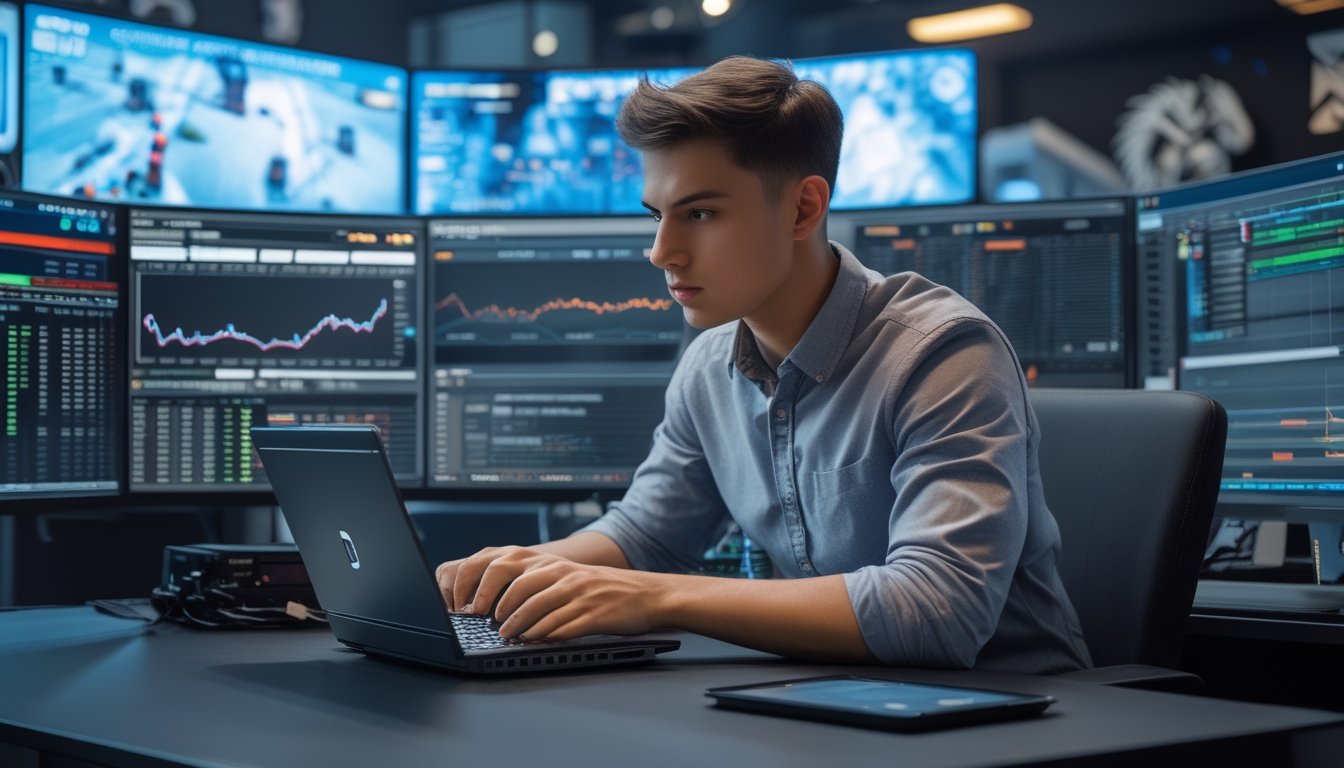 Seorang pria muda sedang menganalisis data di meja kerja dengan beberapa monitor menampilkan statistik dan permainan Dota 2.