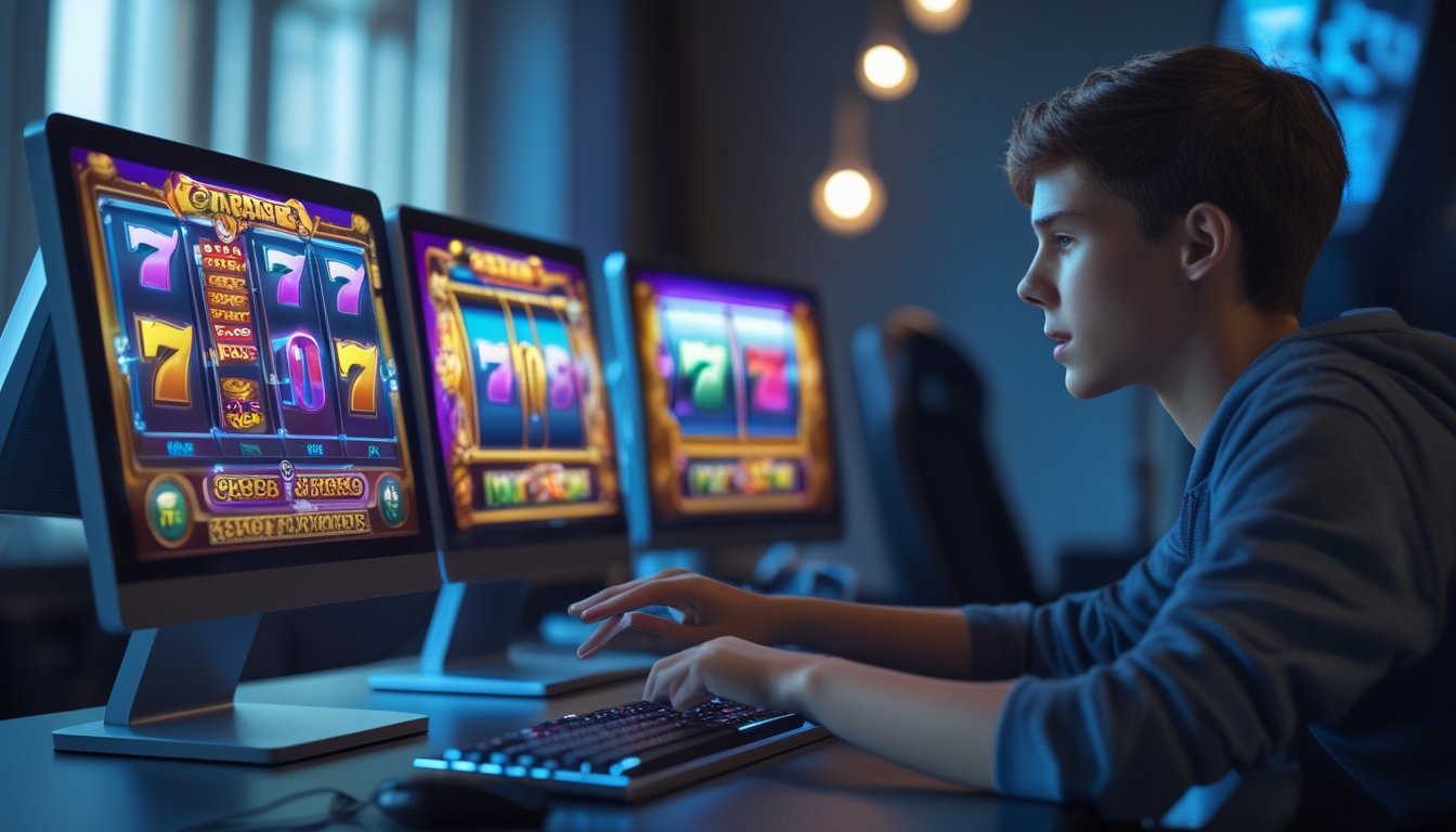 Seorang pemain muda sedang menggunakan komputer dengan layar menampilkan permainan slot online yang berwarna-warni di ruang bermain yang nyaman.