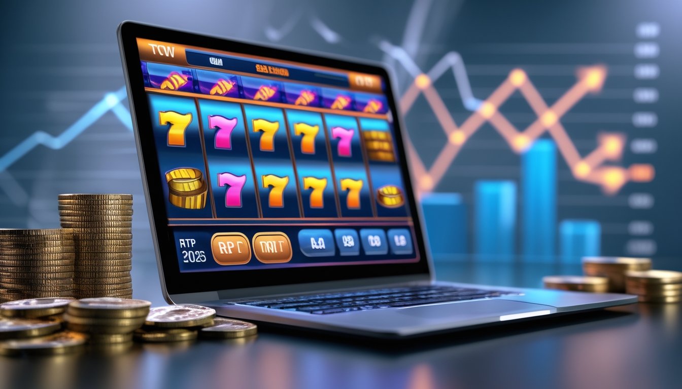 Seorang pengguna sedang bermain permainan slot online di komputer dengan koin dan grafik keuangan di sekitar meja.