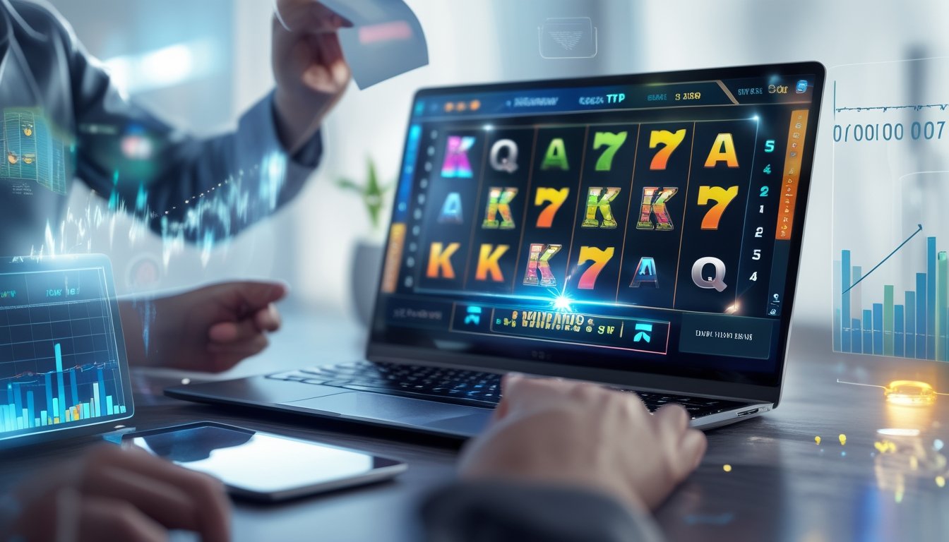 Seorang pria sedang menggunakan laptop dengan tampilan mesin slot digital di layar, di meja terdapat grafik dan perangkat elektronik lain di ruangan rumah atau kantor yang rapi.