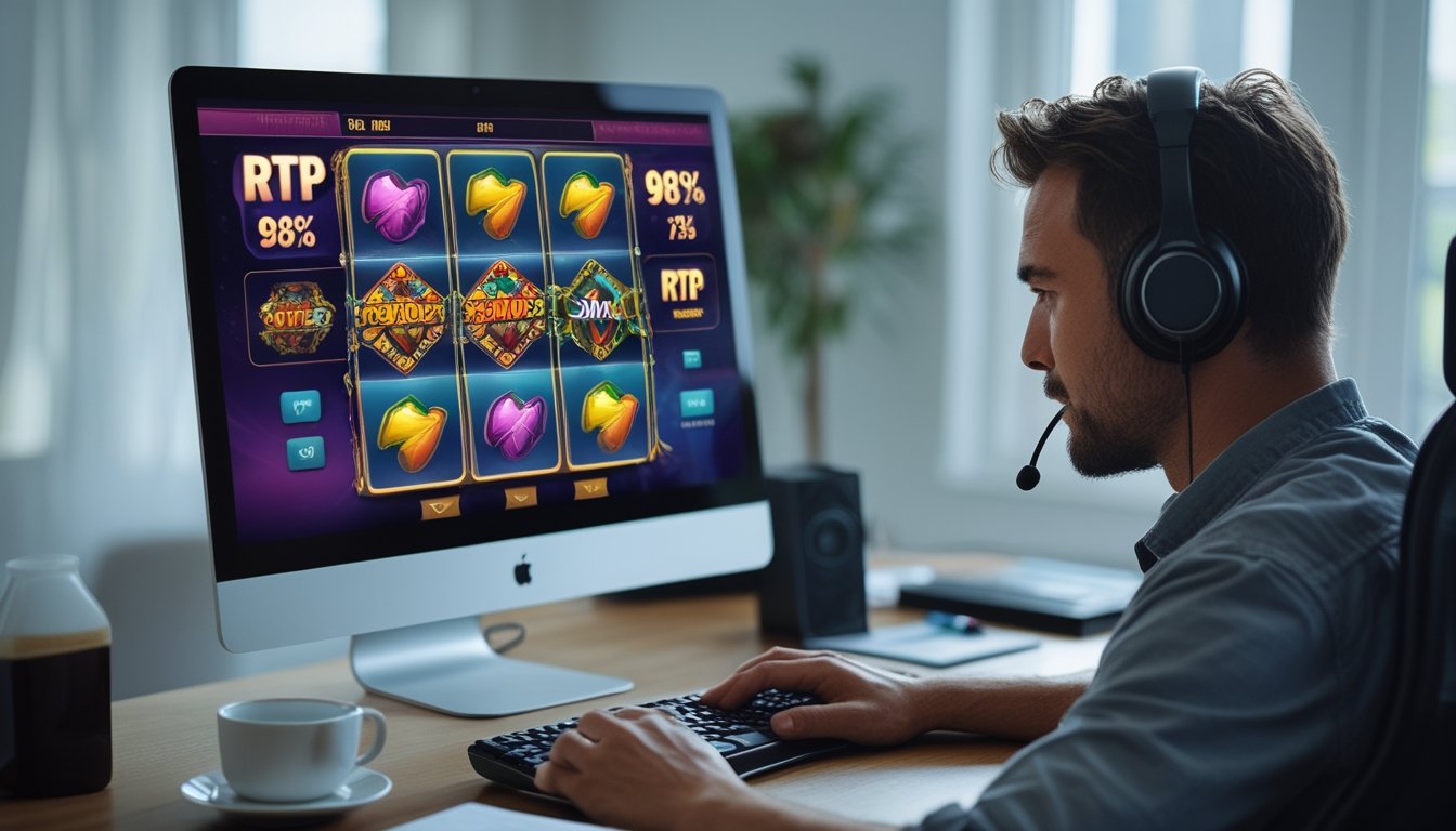 Seorang pemain dewasa sedang bermain game slot online di komputer di ruang kerja yang rapi dan terang.