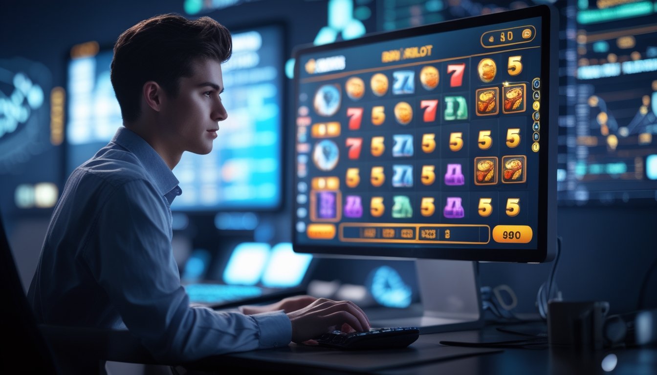 Seorang dewasa muda fokus bermain permainan slot online di depan komputer dengan latar belakang grafik dan data yang menunjukkan strategi kemenangan.
