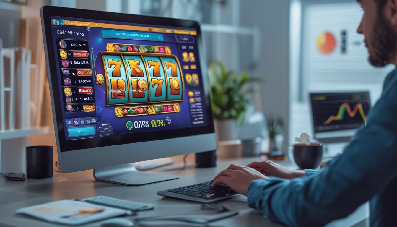 Seorang pemain sedang menggunakan komputer dengan tampilan permainan slot online yang berwarna-warni, di meja kerja yang rapi dengan grafik dan alat analisis di sekitar.