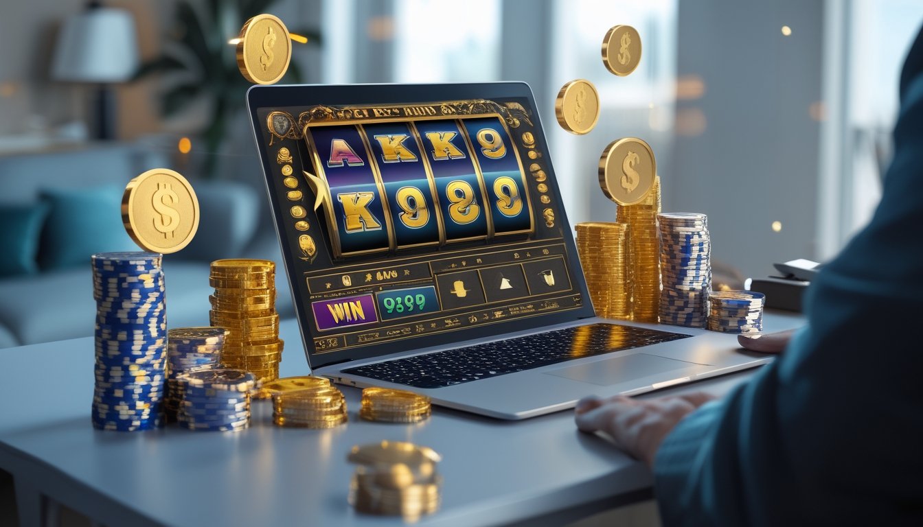 Seorang pemain menggunakan laptop dengan tampilan mesin slot online yang menunjukkan kemenangan besar, dikelilingi koin emas dan tumpukan chip poker di atas meja.
