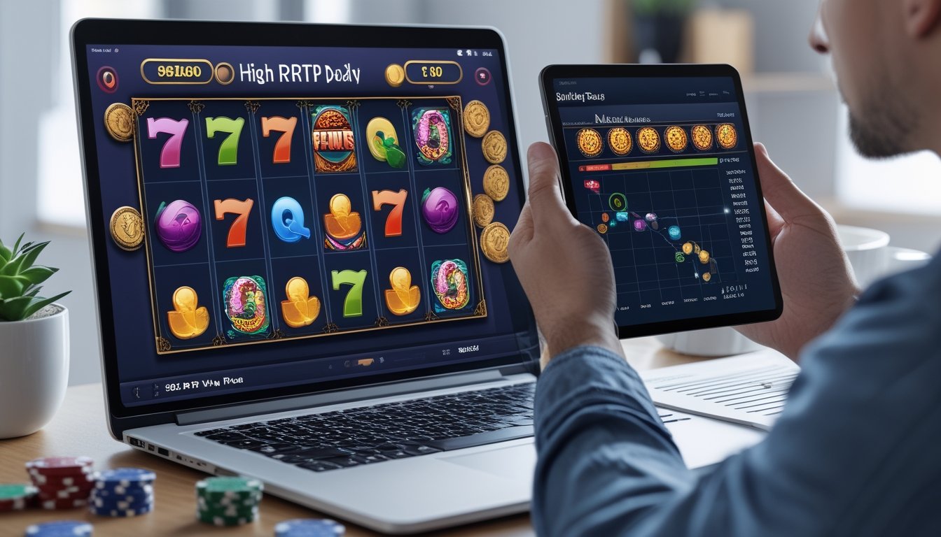 Seorang pemain duduk di depan laptop dengan layar menampilkan permainan slot online berwarna-warni, dikelilingi oleh chip poker dan kartu remi di meja.