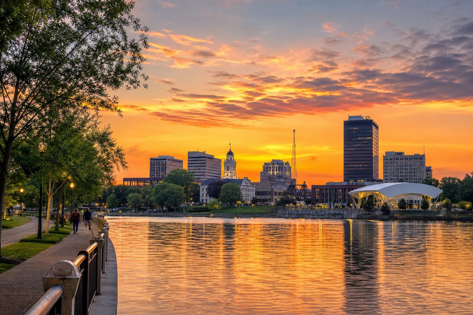 Sunset over Monroe, Louisiana, showing a city skyline with buildings, a river reflecting the colorful sky, trees, and a walking path with people.