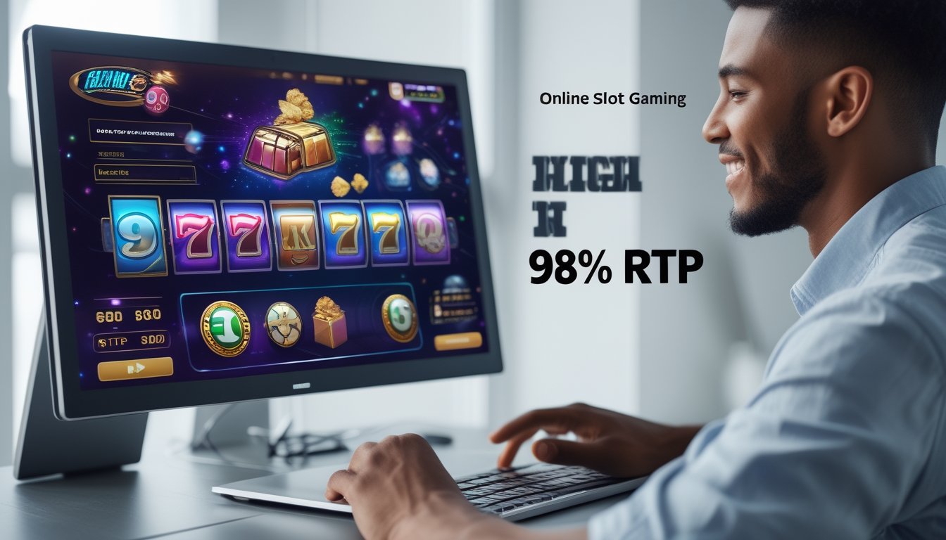 Seorang pria duduk di depan komputer yang menampilkan permainan slot online dengan simbol warna-warni, menunjukkan suasana bermain yang menyenangkan dan menguntungkan.