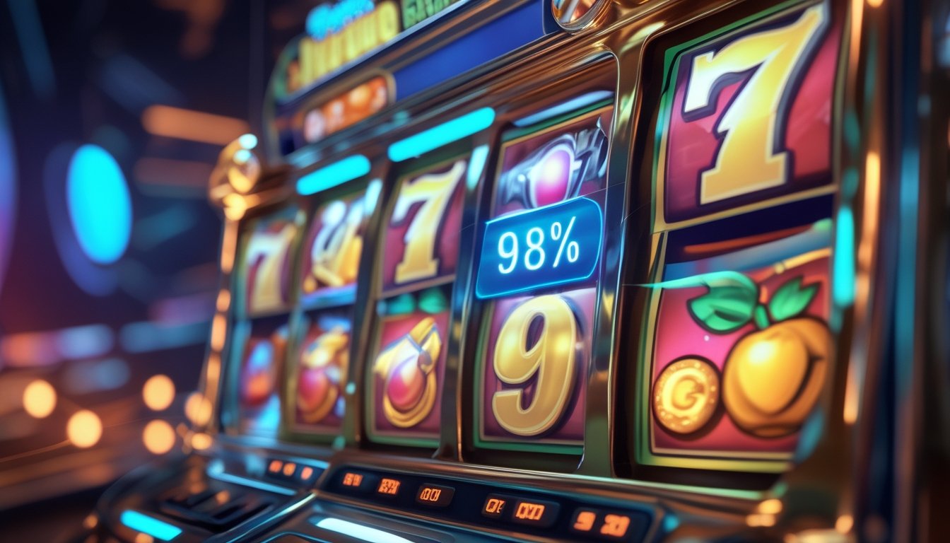 Layar mesin slot online dengan gulungan warna-warni yang berputar dan simbol buah serta koin emas, menunjukkan suasana permainan kasino digital yang menarik.
