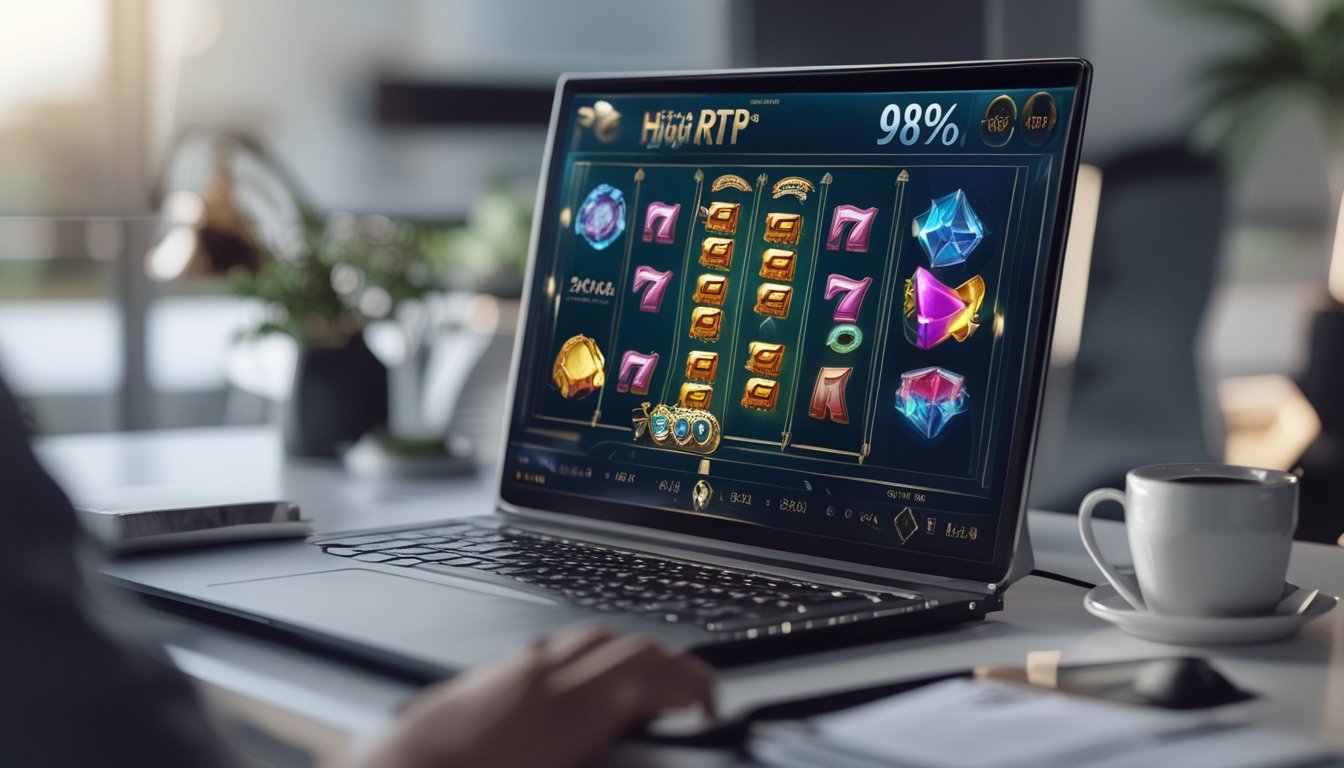 Seorang pengguna duduk di depan komputer dengan layar menampilkan permainan slot online yang berwarna-warni dan menarik.