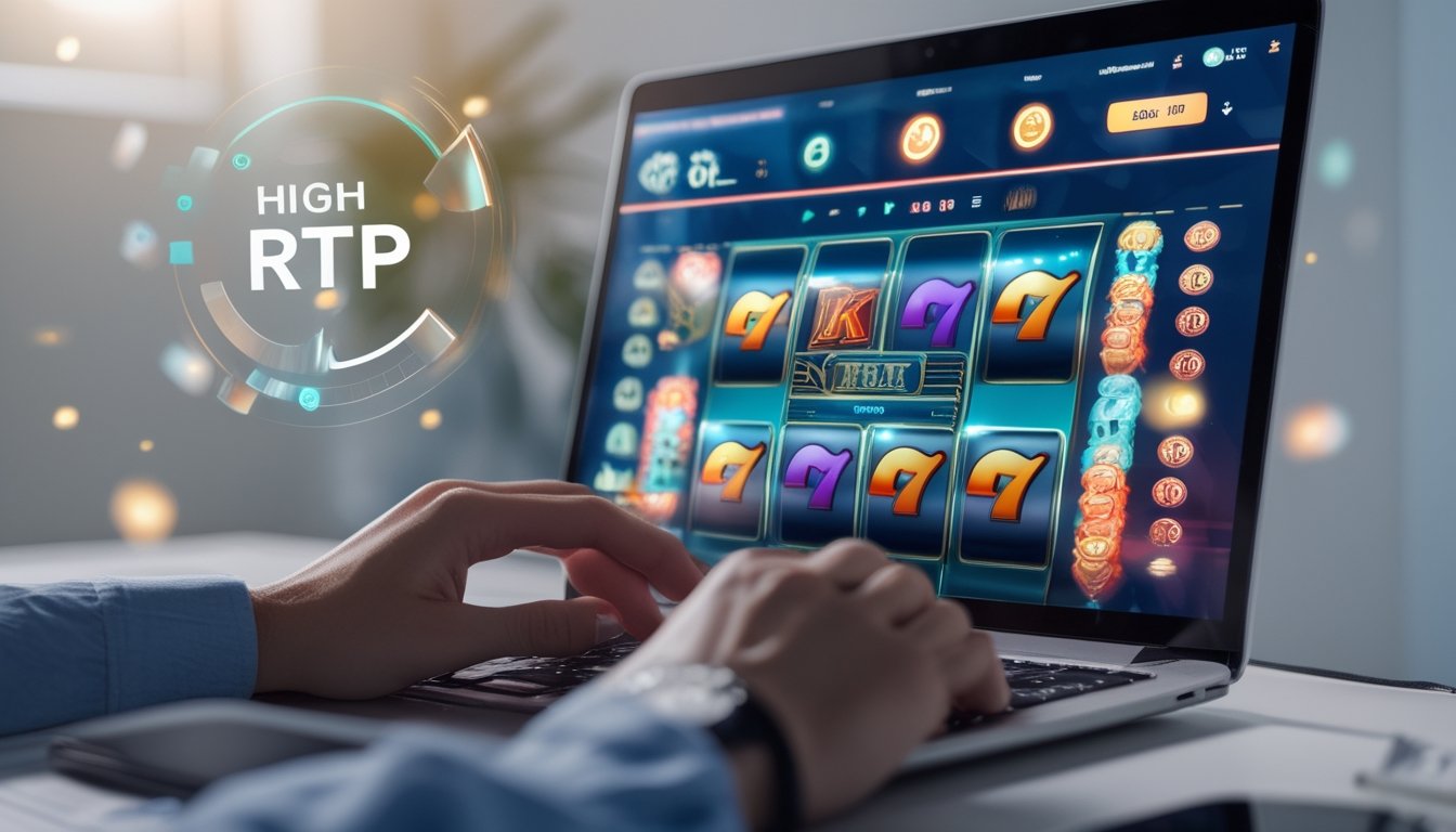 Seorang pengguna berinteraksi dengan laptop yang menampilkan permainan slot online dengan latar belakang bersih dan pencahayaan lembut.