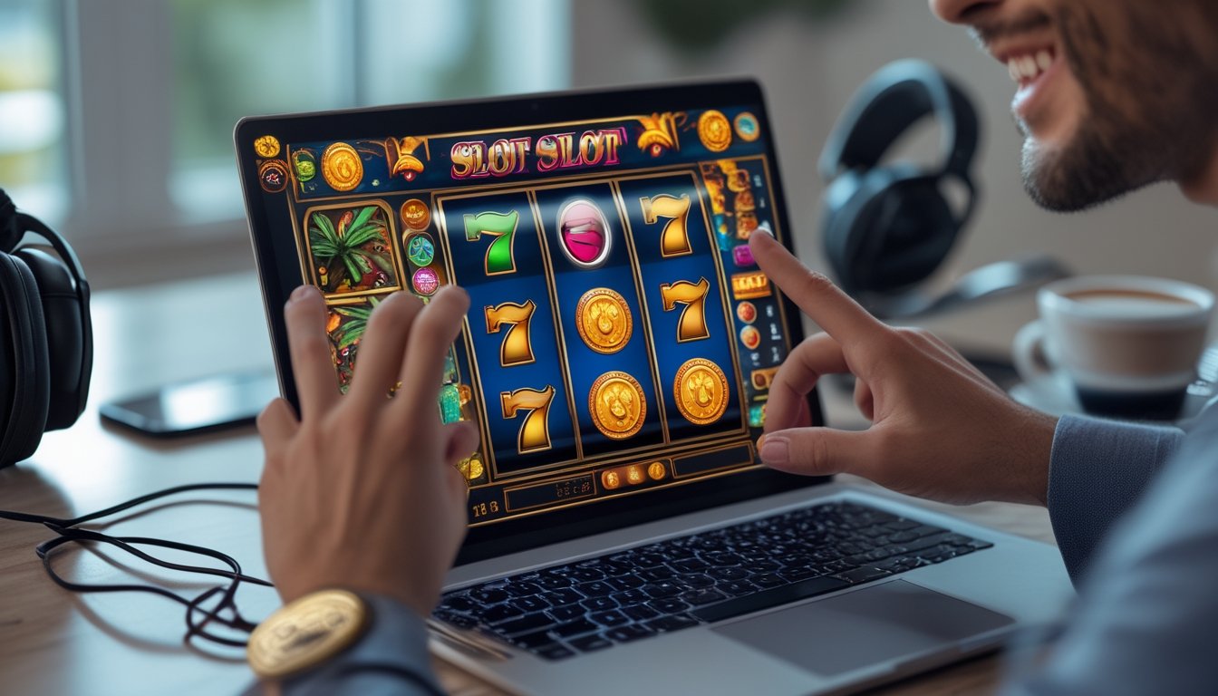 Seseorang bermain mesin slot online di depan komputer dengan ekspresi fokus dan latar belakang ruangan yang rapi.