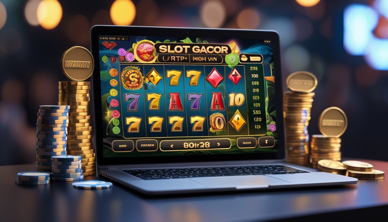 Seorang pemain menggunakan komputer dengan layar menampilkan permainan slot online penuh warna dan tumpukan chip kasino di sekitarnya.