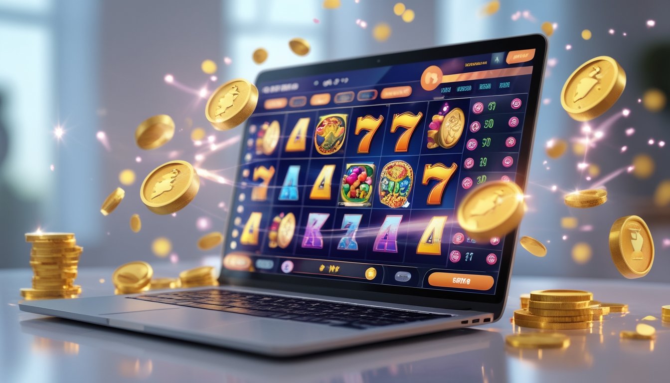 Sebuah laptop menampilkan permainan slot online dengan gulungan berwarna-warni dan simbol keberuntungan di layar, dikelilingi oleh koin dan efek visual yang menggambarkan bonus dan putaran gratis.