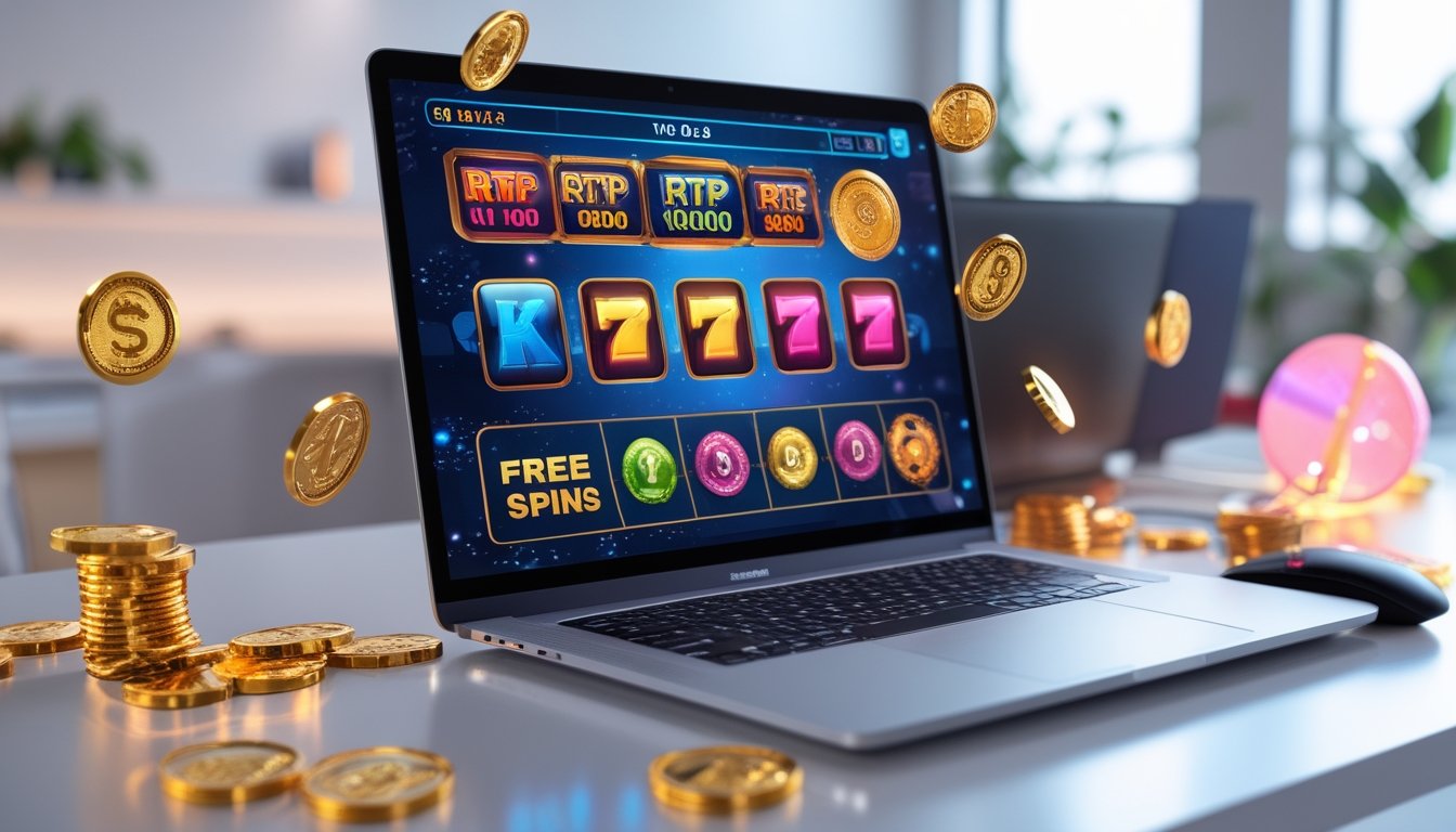 Seorang pemain menggunakan komputer dengan tampilan permainan slot online yang menampilkan simbol warna-warni dan ikon bonus di meja kerja yang rapi.