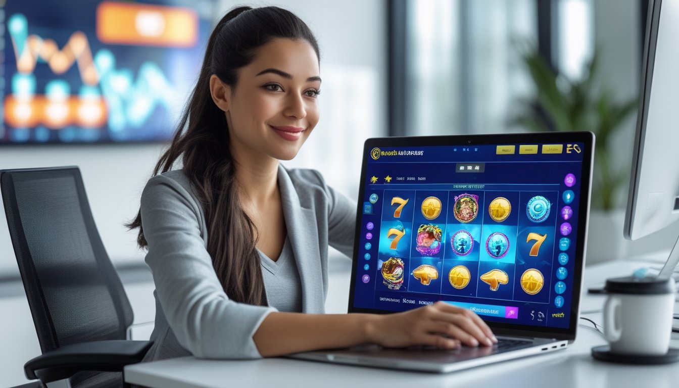 Seorang wanita muda duduk di meja dengan laptop yang menampilkan permainan slot online, terlihat fokus dan puas.