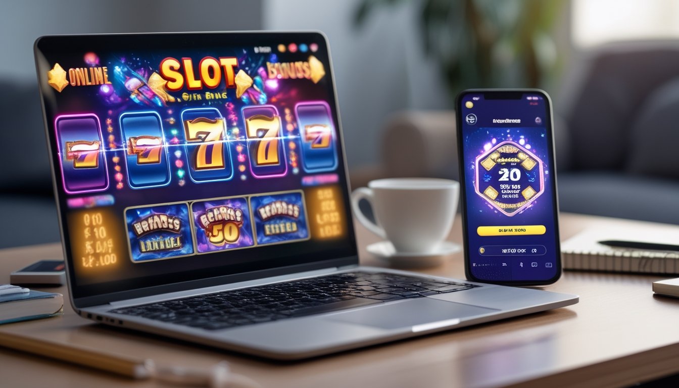 Seorang pengguna sedang menggunakan laptop dan ponsel untuk bermain slot online dengan tampilan layar penuh simbol kemenangan dan layar klaim bonus di meja kerja.