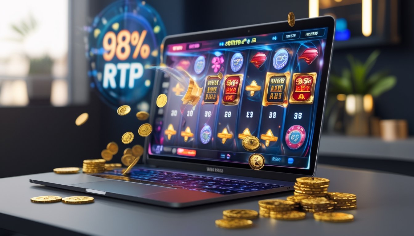 Sebuah meja dengan komputer menampilkan permainan slot online dengan koin emas dan chip poker di sekitarnya.