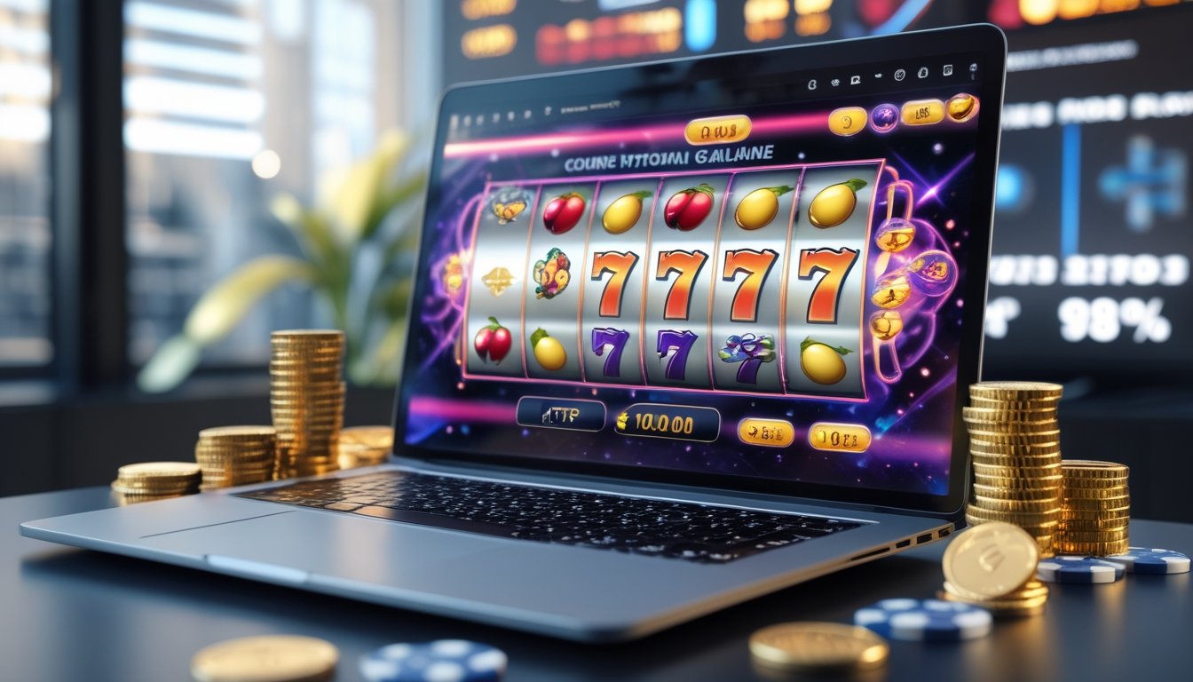 Sebuah laptop menampilkan permainan mesin slot online dengan simbol warna-warni dan koin emas di sekitarnya di dalam ruangan yang terang.