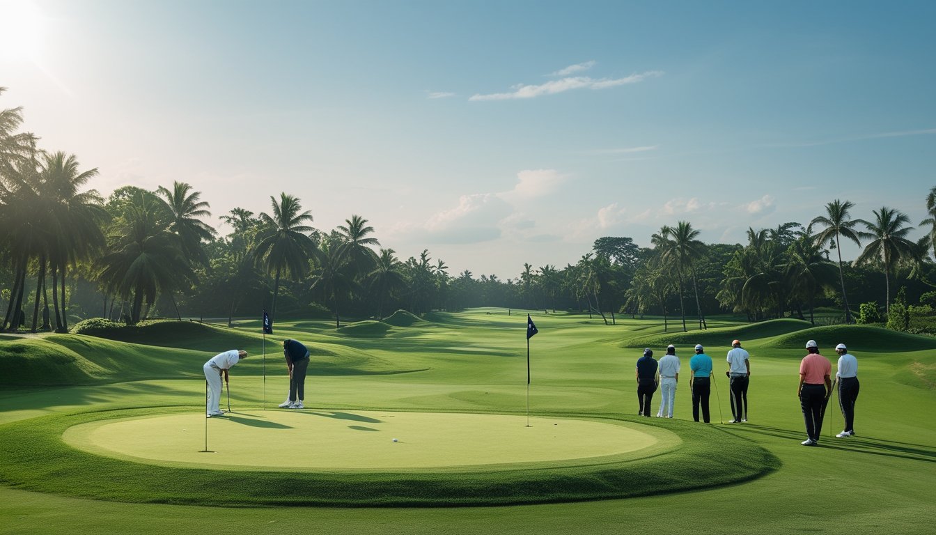 Pemandangan lapangan golf yang rapi dengan pemain golf sedang bermain di bawah langit cerah.