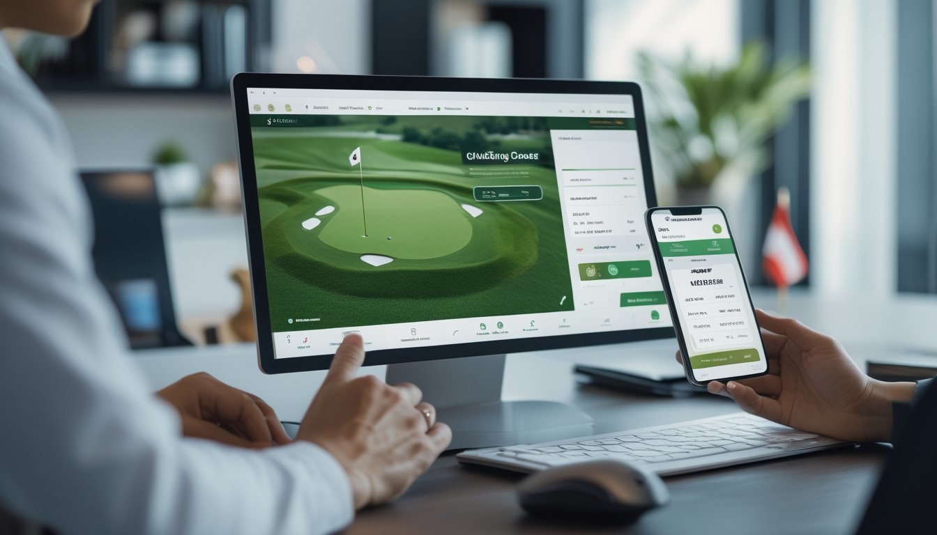 Seorang pria menggunakan laptop dan ponsel di meja kerja dengan layar komputer menampilkan lapangan golf dan informasi taruhan, di ruang kantor dengan dekorasi khas Indonesia.