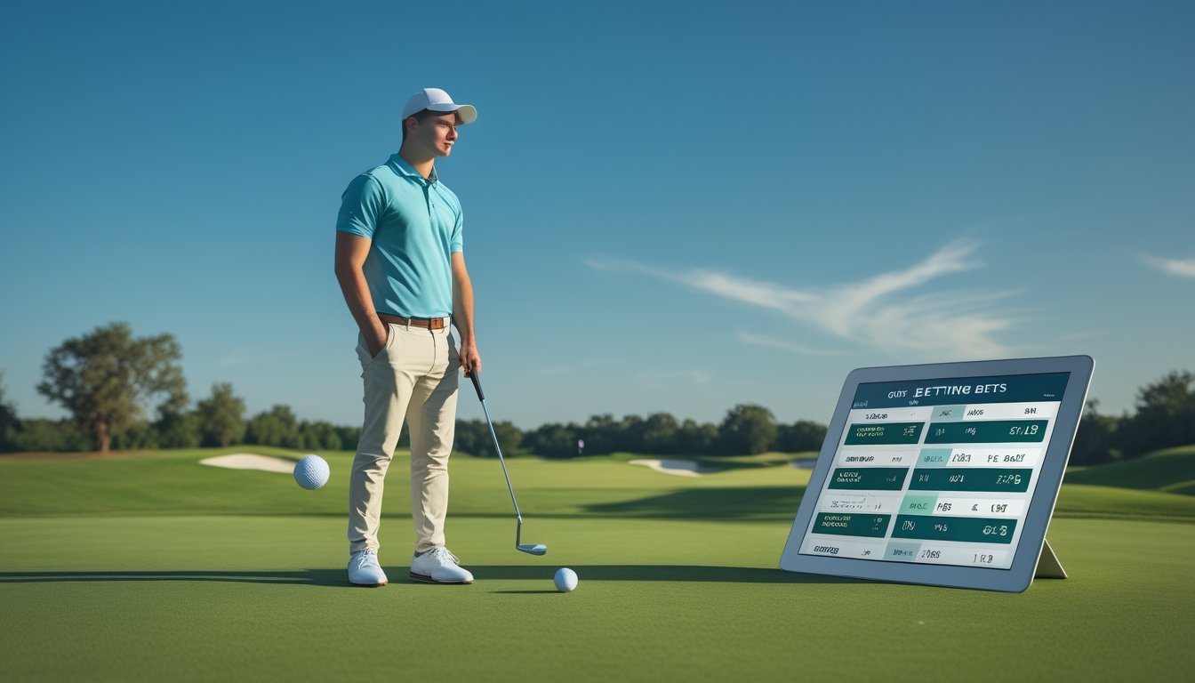 Seorang pemain golf pemula berdiri di lapangan golf hijau sambil memegang stik golf dan melihat ke bola golf di tee dengan latar belakang langit biru dan pohon.