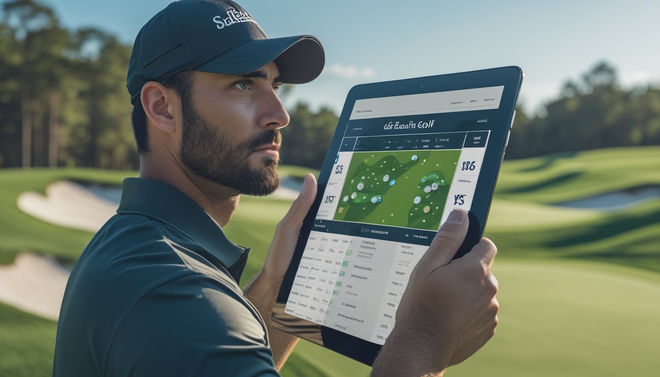 Seorang pegolf pria sedang melihat tablet digital di lapangan golf hijau dengan latar belakang langit biru dan fairway.