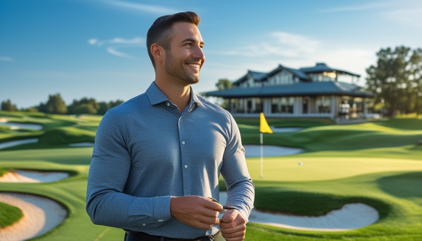 Seorang pria berdiri di lapangan golf yang hijau sambil memegang stik golf dengan latar belakang clubhouse dan bendera lapangan golf.
