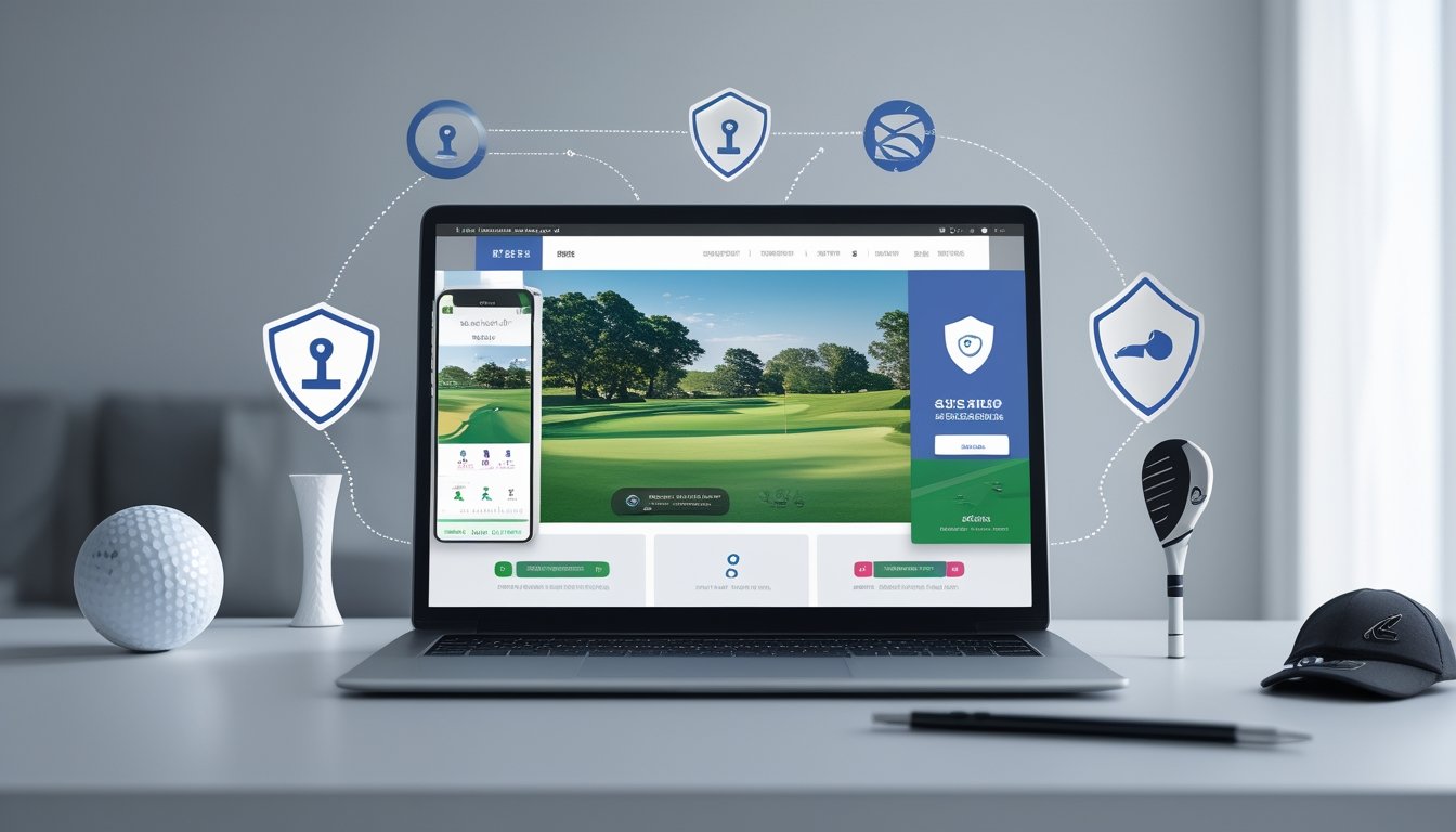 Seorang laptop di atas meja dengan tampilan situs taruhan golf online, dikelilingi bola golf dan alat golf lainnya.