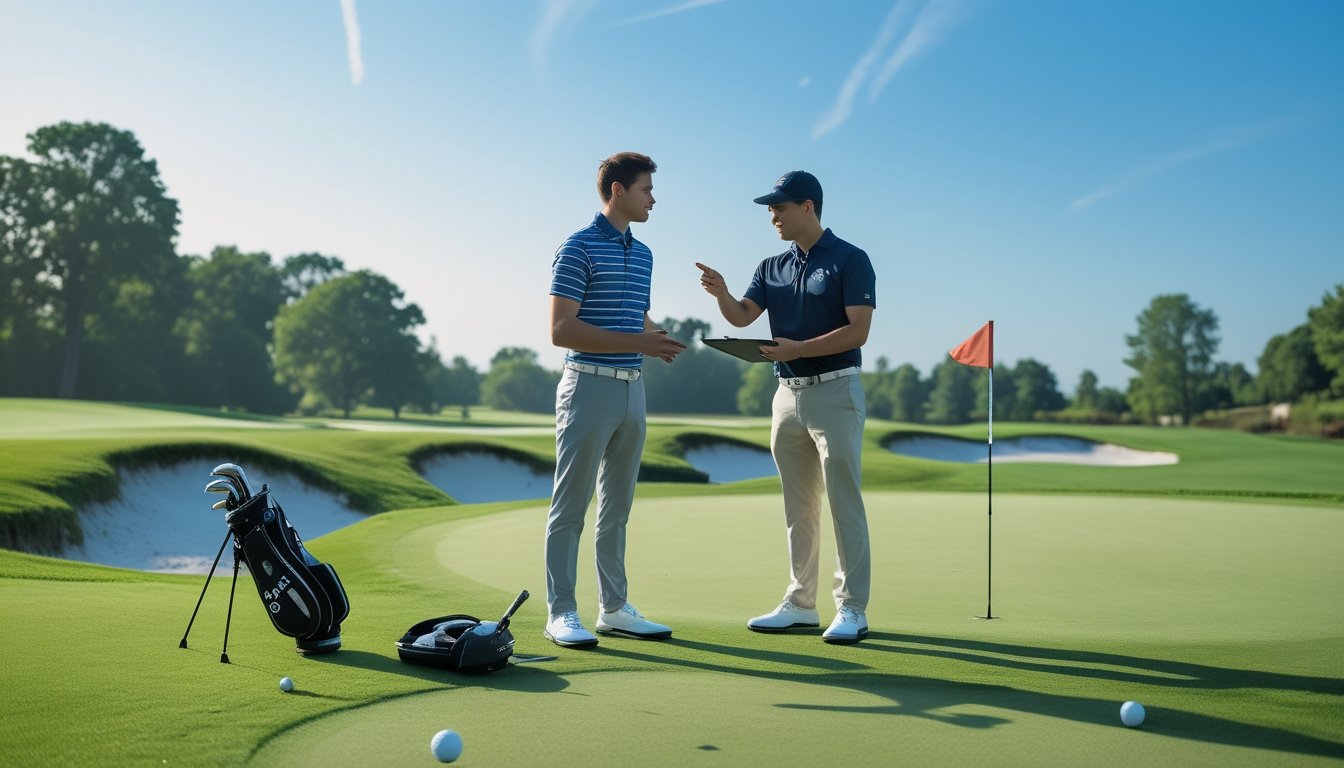 Seorang pemain golf pemula sedang menerima bimbingan dari pelatih di lapangan golf yang hijau dan cerah.