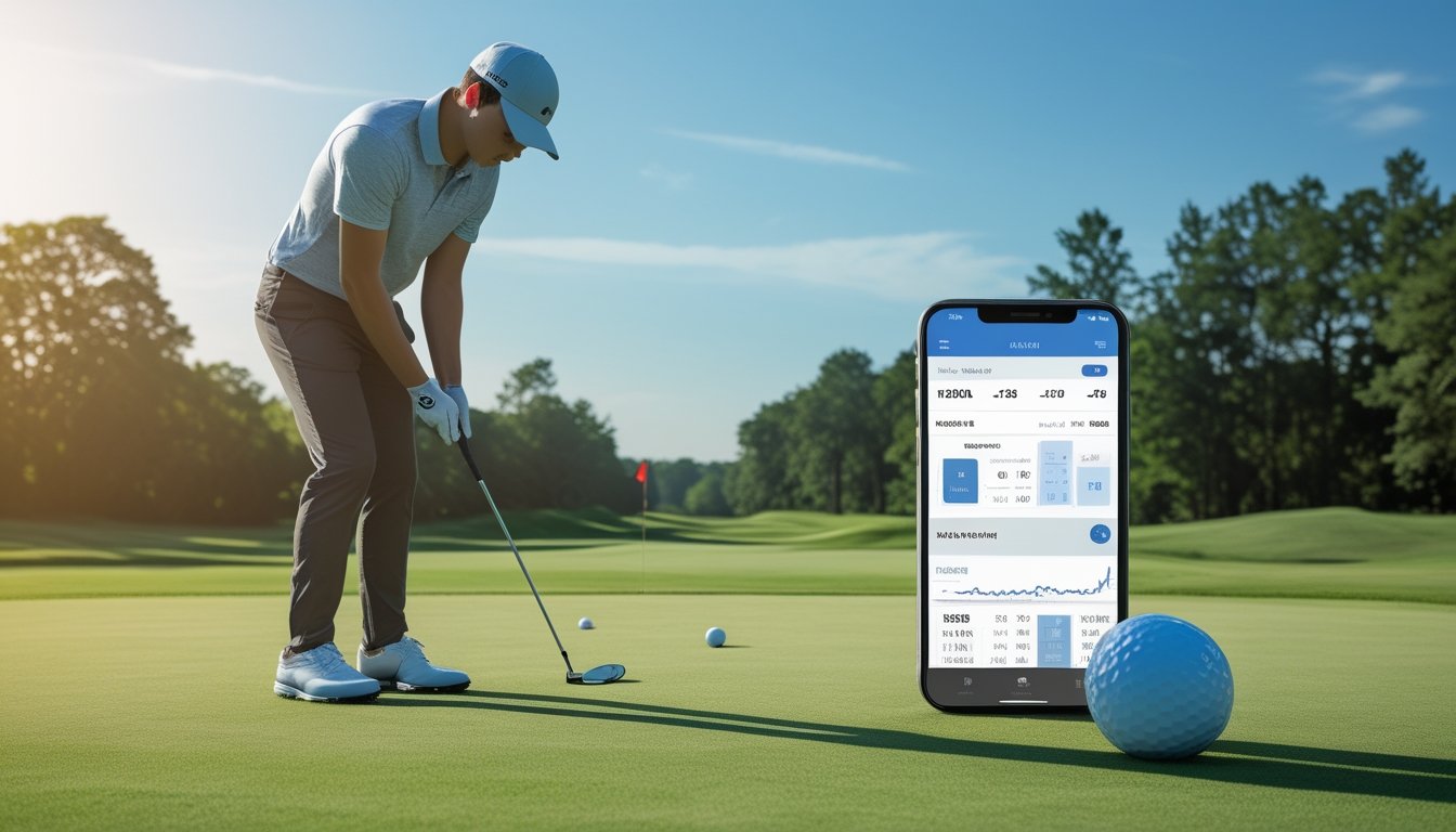 Seorang pemain golf pemula sedang bersiap mengambil pukulan di lapangan golf yang hijau dengan langit cerah, di dekatnya terlihat perangkat digital yang menampilkan aplikasi taruhan golf.