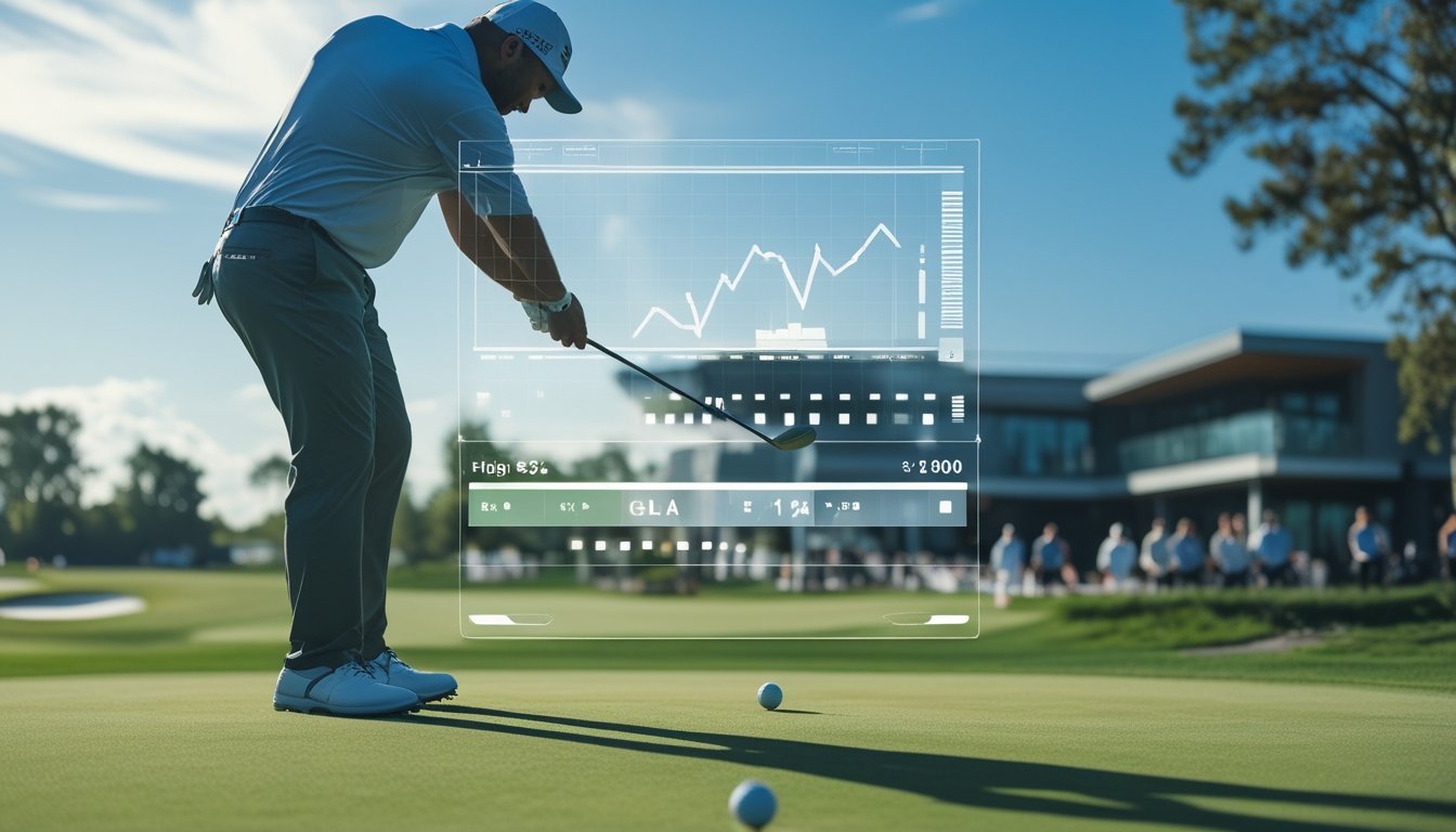 Seorang pegolf sedang mengayunkan tongkat golf di lapangan hijau dengan latar belakang klub golf dan beberapa penonton, dengan grafik taruhan digital transparan di depan.