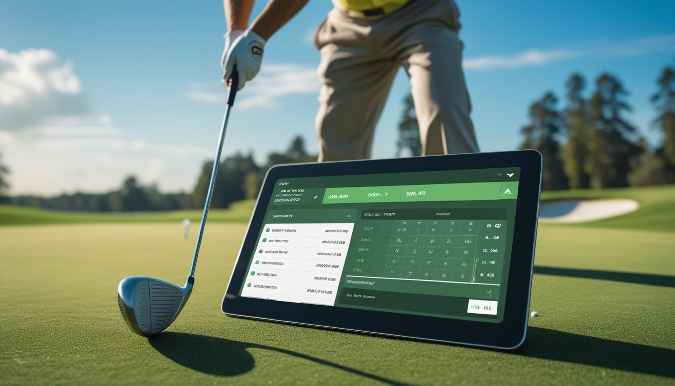 Seorang pegolf sedang bersiap melakukan pukulan di lapangan golf dengan layar perangkat digital yang menampilkan peluang taruhan golf di latar depan.