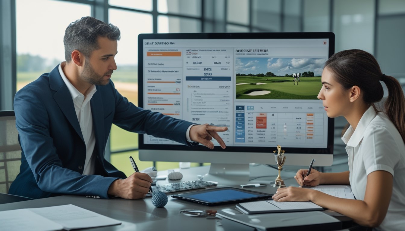 Seorang pria dan wanita sedang menganalisis data taruhan golf di sebuah kantor modern dengan pemandangan lapangan golf di belakang mereka.