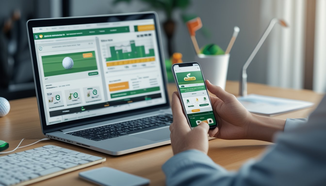 Meja kerja dengan laptop dan ponsel yang menampilkan aplikasi taruhan golf, di sekitar terdapat bola golf, tee, dan stik golf.