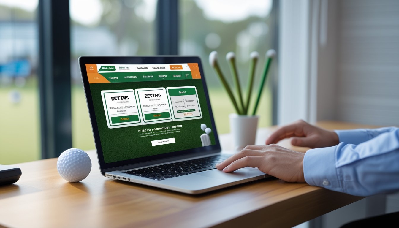 Seorang pria menggunakan laptop dan ponsel di meja dengan bola golf dan tee di sampingnya, menunjukkan aktivitas taruhan golf online.