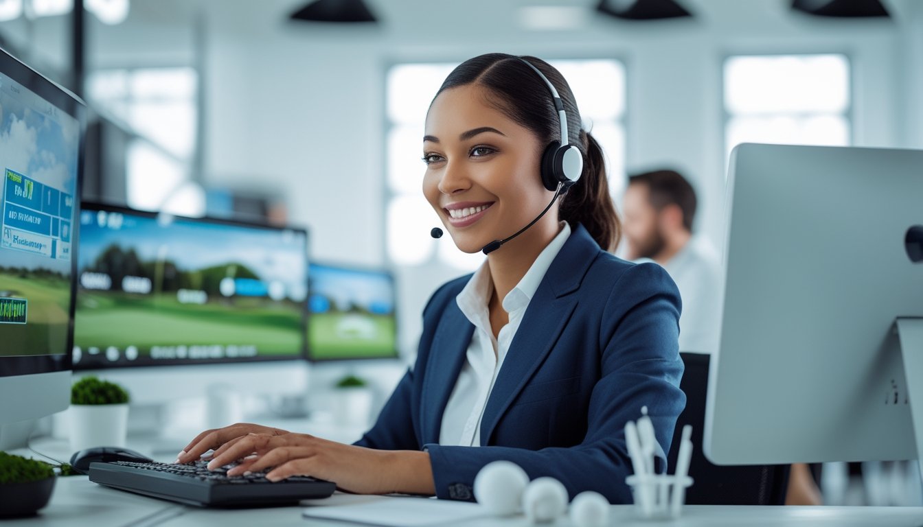 Seorang perwakilan layanan pelanggan yang ramah membantu klien di kantor modern dengan layar komputer menampilkan gambar lapangan golf dan peluang taruhan golf.