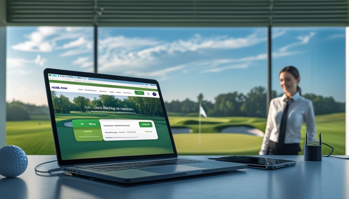 Seorang profesional menggunakan laptop di meja kerja dengan latar belakang lapangan golf hijau yang cerah.