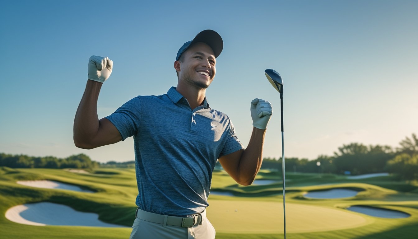 Seorang pegolf pria merayakan kemenangan di lapangan golf hijau yang terawat dengan langit biru cerah.