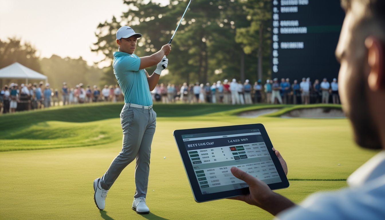 Seorang pegolf sedang melakukan ayunan di lapangan golf dengan seseorang melihat data taruhan di tablet di dekatnya.
