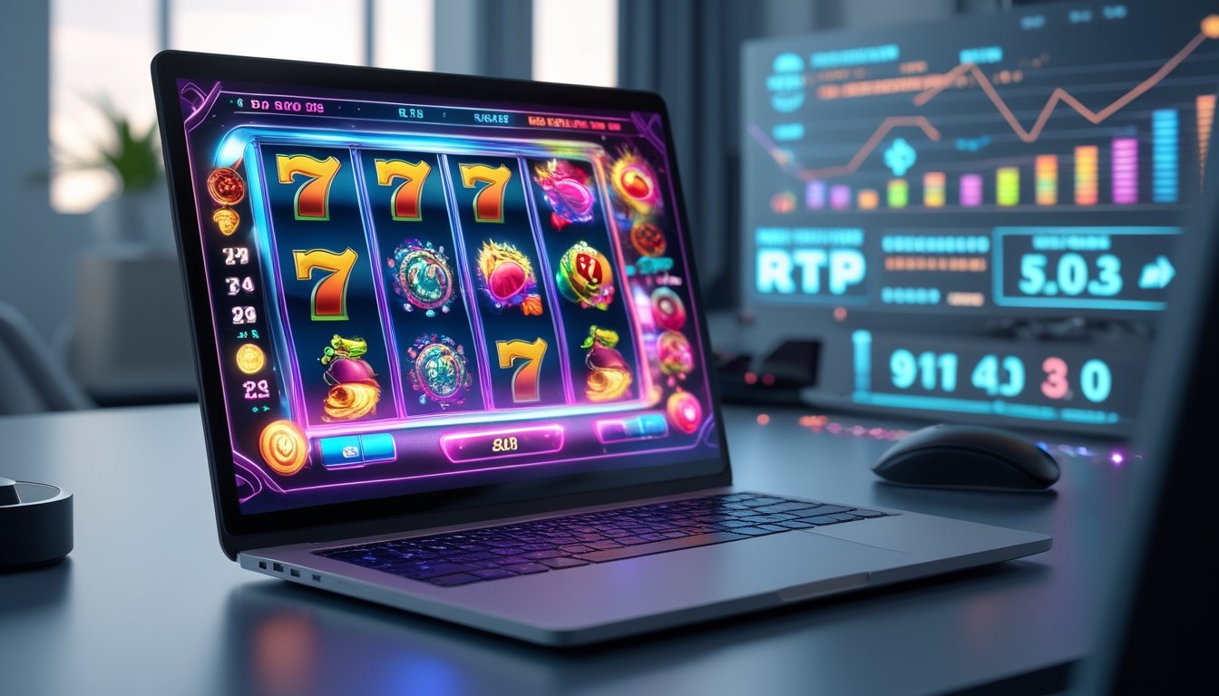 Seorang pengguna duduk di depan komputer dengan layar menampilkan grafik mesin slot berwarna cerah dan antarmuka digital yang menunjukkan data waktu nyata.