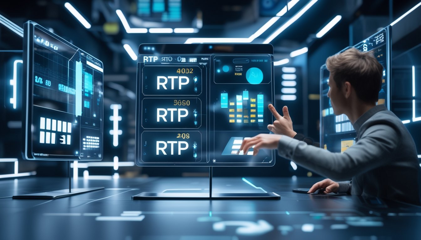 Seseorang sedang berinteraksi dengan layar digital yang menampilkan statistik RTP secara real time dalam suasana futuristik.