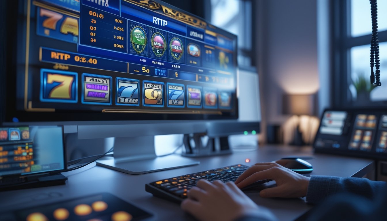 Seorang pemain sedang menggunakan komputer dengan layar menampilkan permainan slot online dan data statistik RTP secara real time di meja kerja yang rapi.