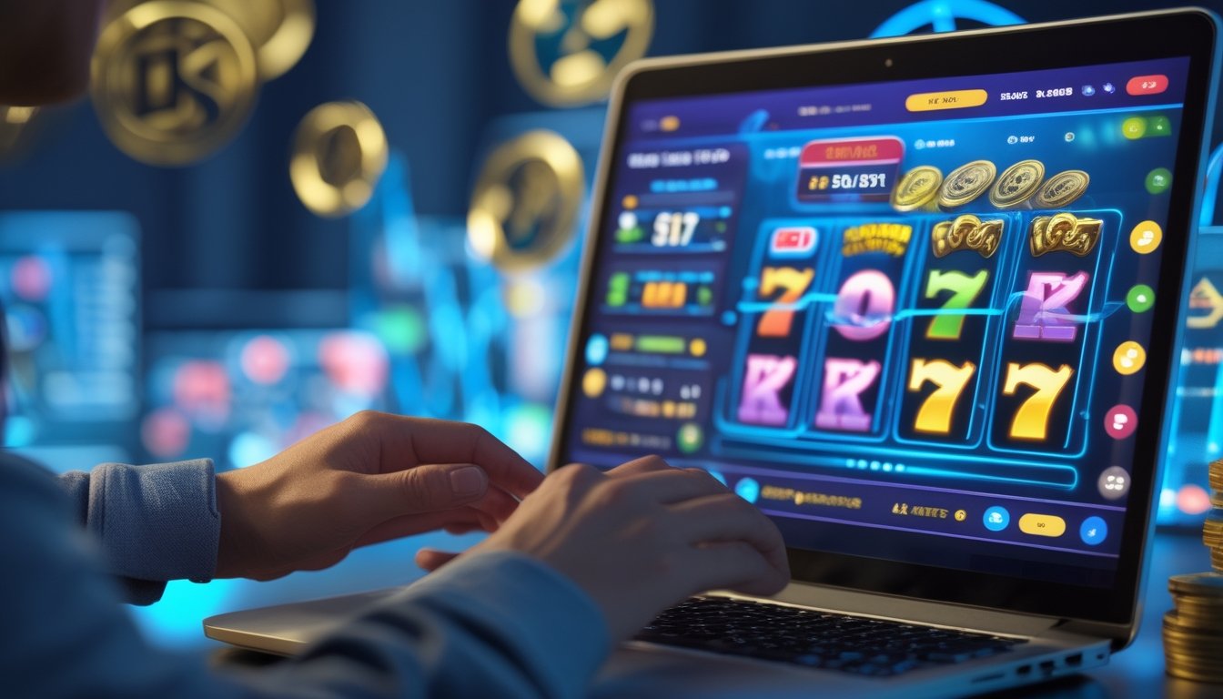 Seorang pemain menggunakan komputer dengan layar menampilkan permainan slot online dan grafik statistik RTP secara real time.