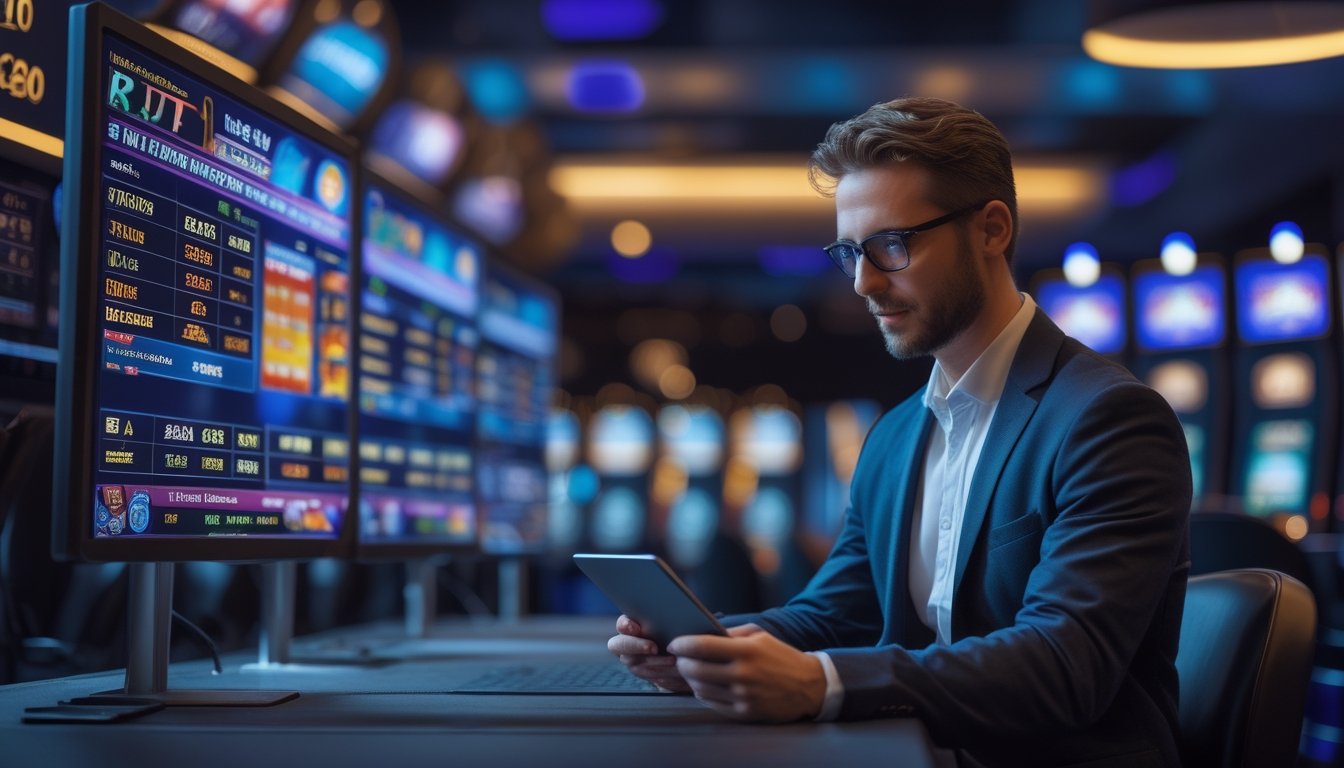 Seorang profesional sedang menganalisis data permainan slot online dengan beberapa monitor dan tablet di meja kerja modern.