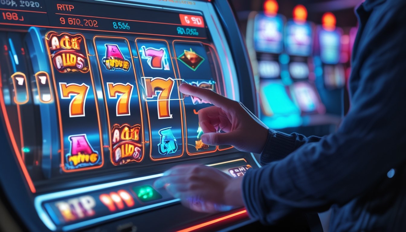 Seorang pria menggunakan layar sentuh transparan dengan grafik dan statistik slot online di latar belakang mesin slot yang menyala.