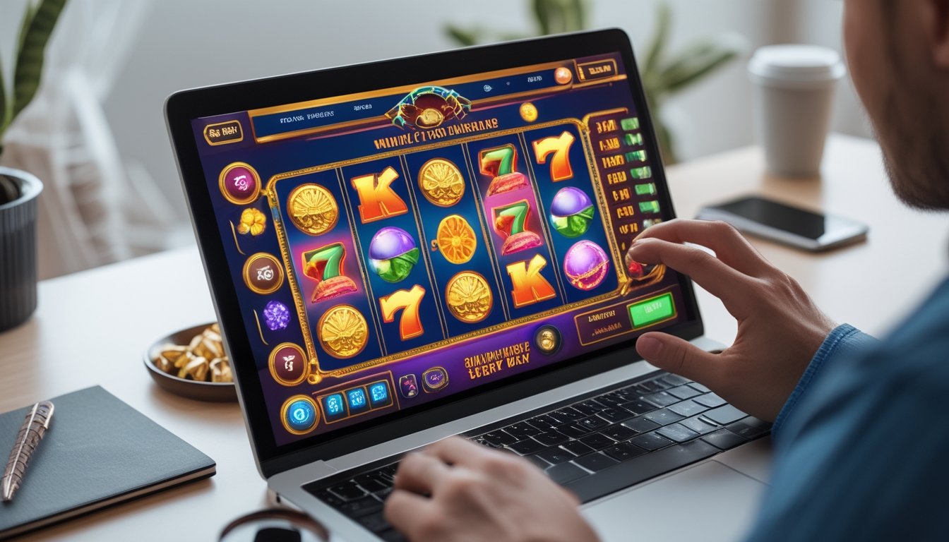 Seseorang sedang bermain permainan slot online di depan komputer dengan tampilan permainan yang berwarna-warni dan suasana ruang kerja yang rapi.