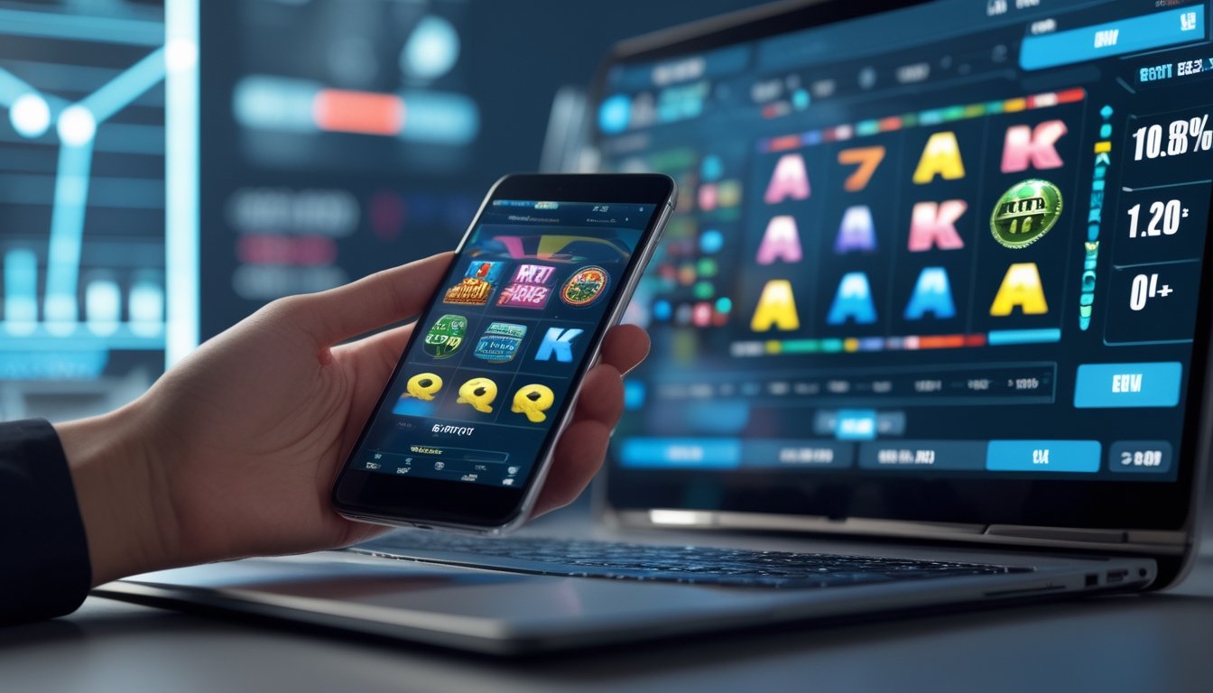 Seseorang menggunakan komputer dan ponsel untuk bermain permainan slot online dengan grafik dan statistik RTP di layar.