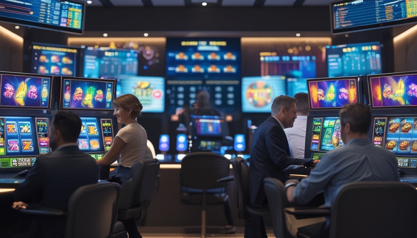 Orang-orang menggunakan komputer dengan layar mesin slot online yang berwarna-warni di ruangan yang terang dan modern.