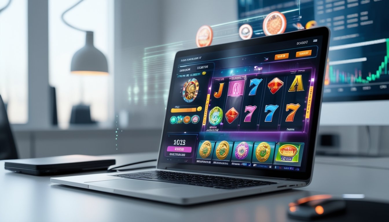 Sebuah komputer menampilkan permainan slot online dengan grafik berwarna dan elemen digital di sekitarnya di ruang kerja yang bersih dan terang.